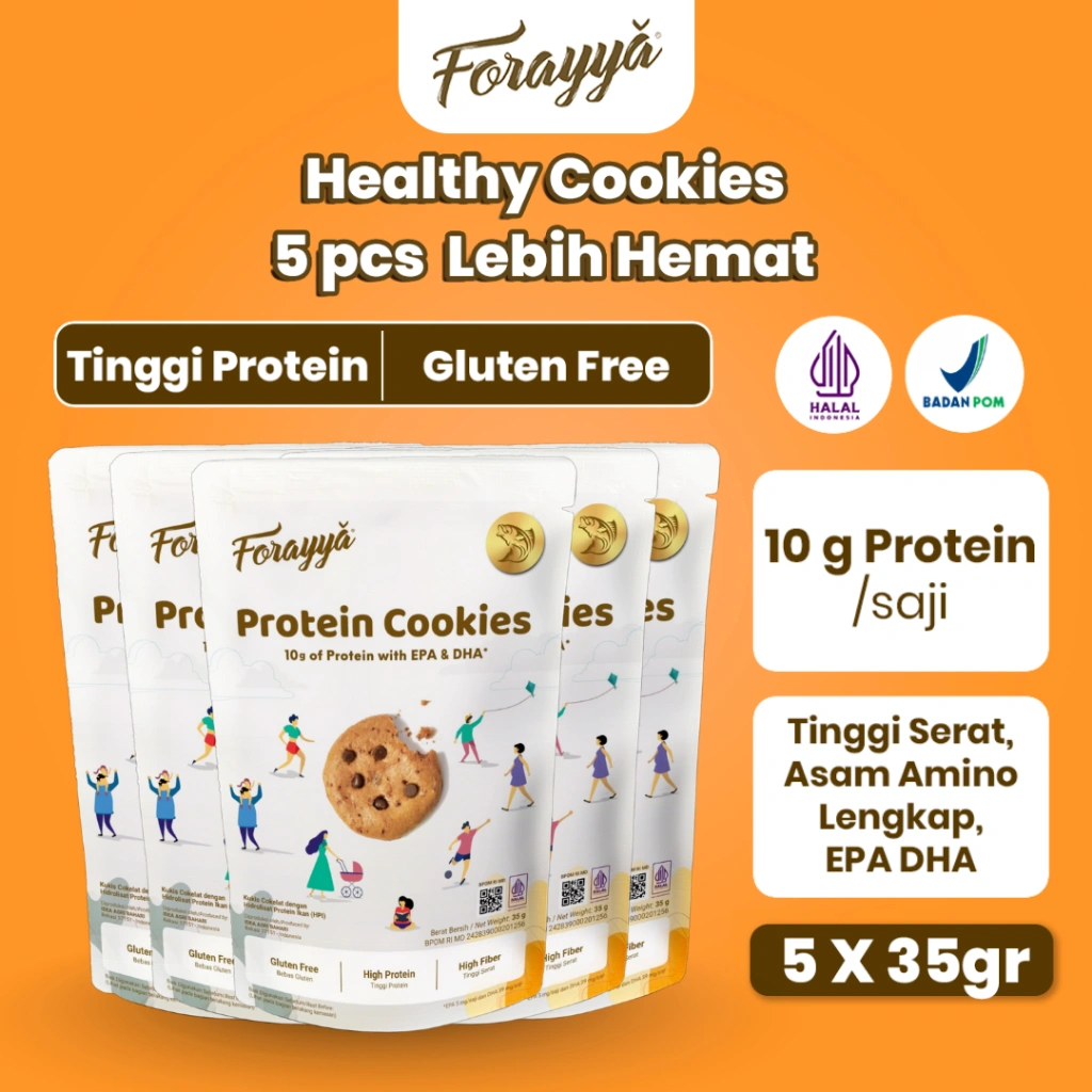 5 PCS Protein Cookies Forayya Cemilan Sehat Gluten Free Tinggi Protein 35g