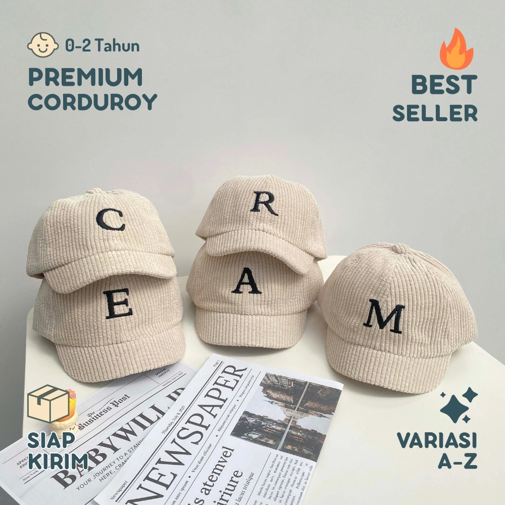 Babywill.Id Topi Bayi Inisial A-Z Warna Cream | Topi Baseball Anak Cowok 6 Bulan - 3 Tahun Korea Style