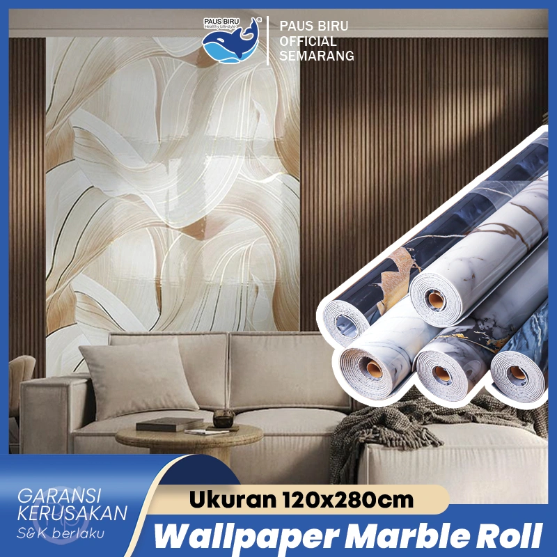 Paus Biru - Wallpaper Dinding Motif Vinyl Marble Foam Roll Sticker Kamar Dekorasi PET 120 x 280cm Wall Paper Marmer Waterproof