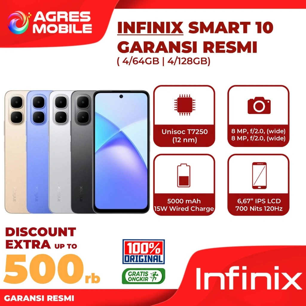 Infinix Smart 10 4/64GB | 4/128GB Up to 8GB Extended RAM - Garansi Indonesia
