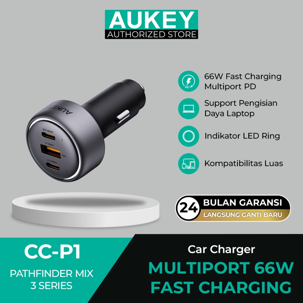 Aukey Car Charger 66W USB & Type C 3 port LED PD 3.0 Fast Charging Casan Mobil Samsung Iphone -CC-P1