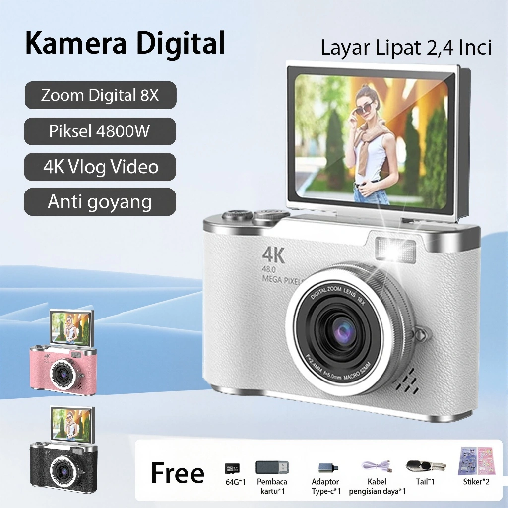 Kamera Digital 48MP 8X Zoom Kamera Digicam Layar Balik 180° LCD 2,4 Inci 4K Vlog Anti Goyang Filter Kamera Pocket untuk Hadiah Pemula Retro Kamera