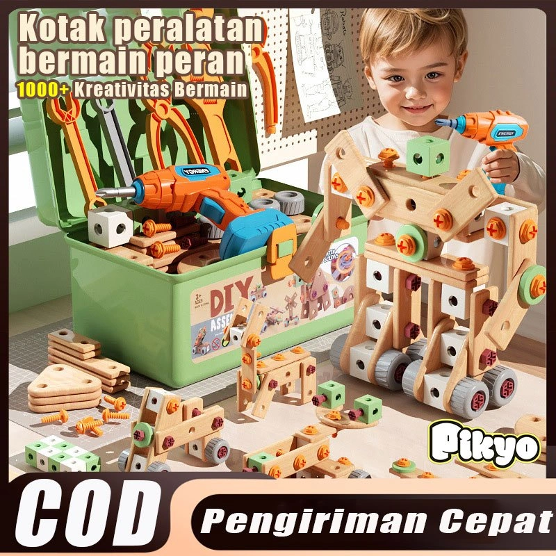 PIKYO 135Pcs Mainan Anak Tool Box Set Perbaikan Sekrup Bor Listrik Simulasi Toys Mainan Splicing Kreatif DIY Mainan Edukasi Anak