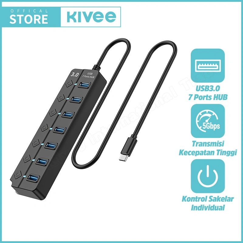 (HOT)KIVEE USB Hub Type C 7 in 1 5Gbps High Speed KV-AD37 Black Aksesoris Desktop & Laptop