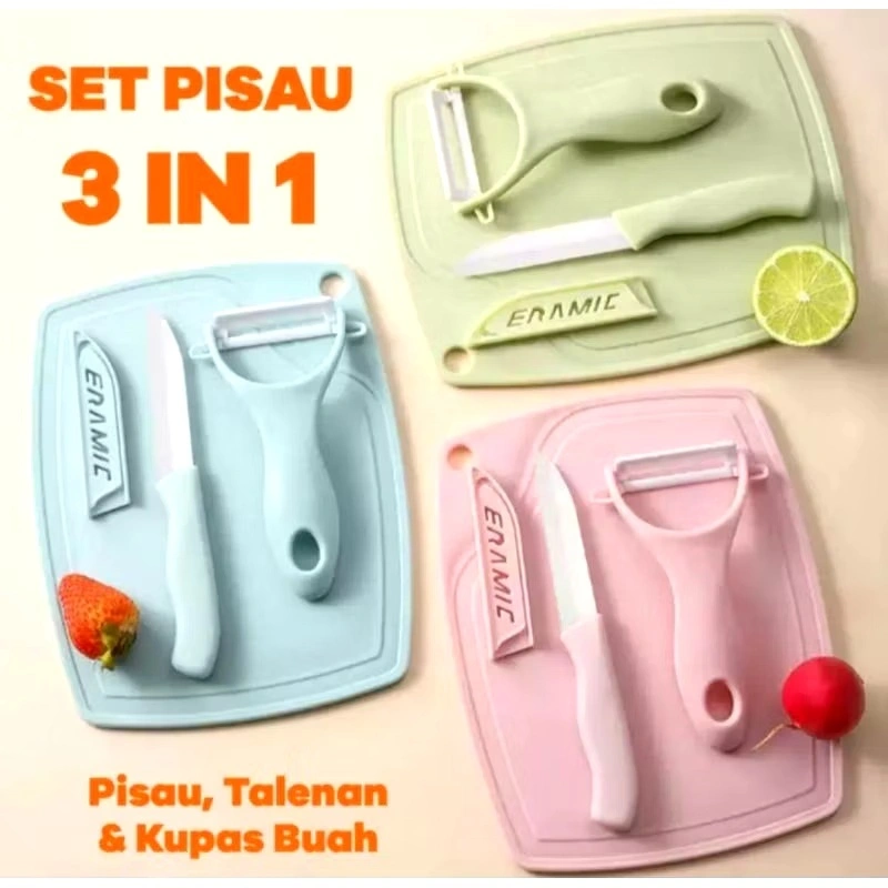 (KM) Pisau Set Stainless 3 In 1 Talenan Knife Set Peeler Buah Ceramic Fruit Knife