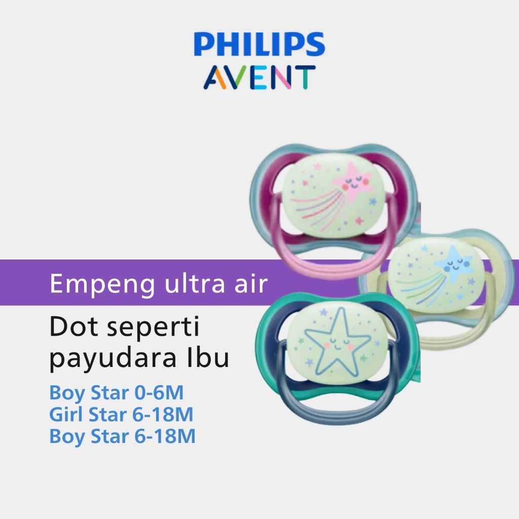 Philips Avent Soother Bayi Ultra Air Glow In The Dark - Empeng Bayi | Empeng dengan Ekstra Ventilasi | 0-6M | 6-18M | SCF376/18 SCF376/14 SCF376/13
