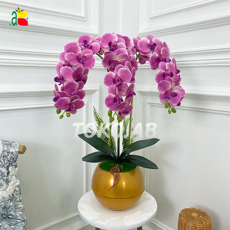 RANGKAIAN BUNGA ANGGREK LATEX 3 CABANG VAS BULAT GOLD BUNGA ARTIFICIAL HIASAN MEJA RUANG TAMU RUMAH RB6149