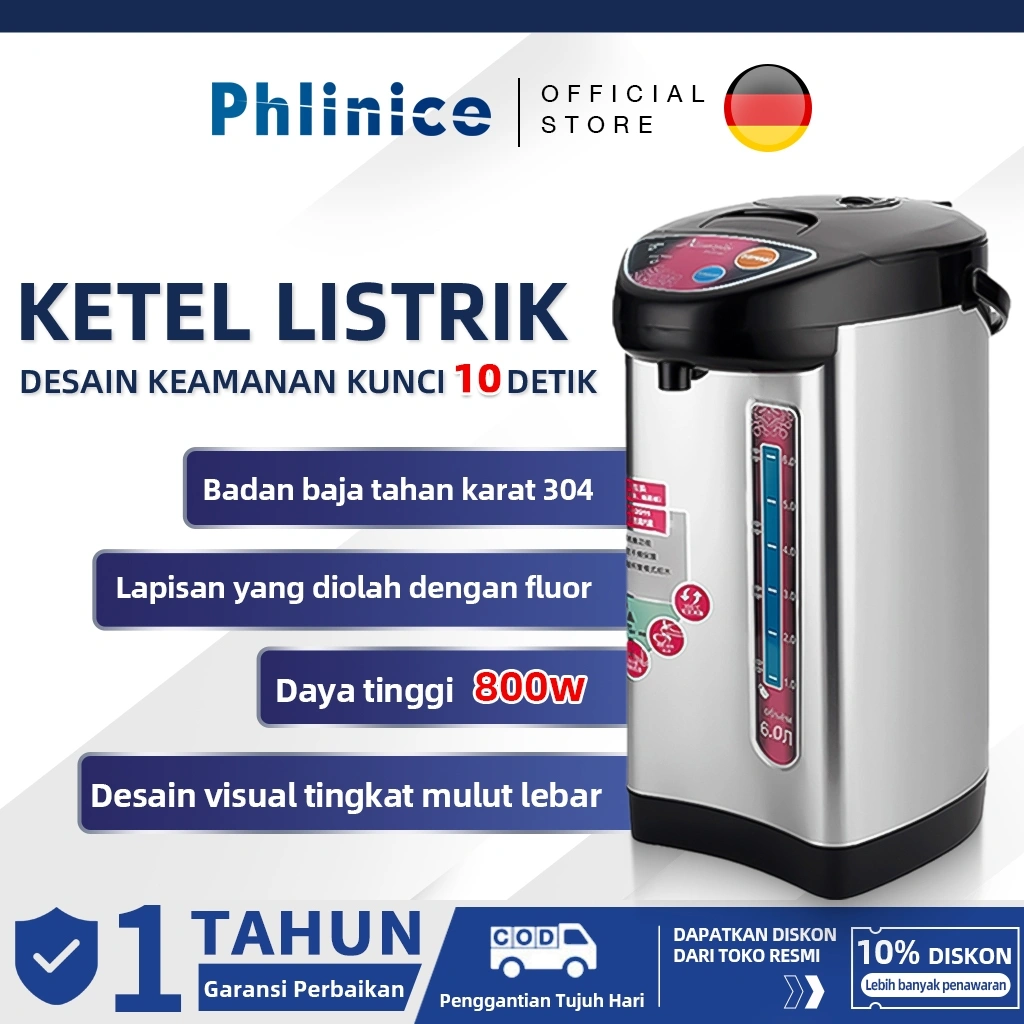 Phlinice Keseluruhan baja tahan karat 304 ketel air panas suhu konstan kapasitas besar 6,8 liter ketel listrik pasokan air otomatis cerdas