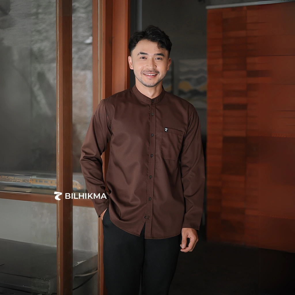BILHIKMA Baju Kemeja Koko Lengan Panjang Remaja dan Pria Dewasa Kemko Jamal Warna Coklat Kopi Brown