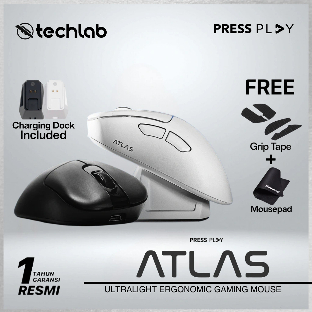 Press Play ATLAS Ergonomic Ultralight Wireless Gaming Mouse with Charging Dock | PressPlay Atlas
