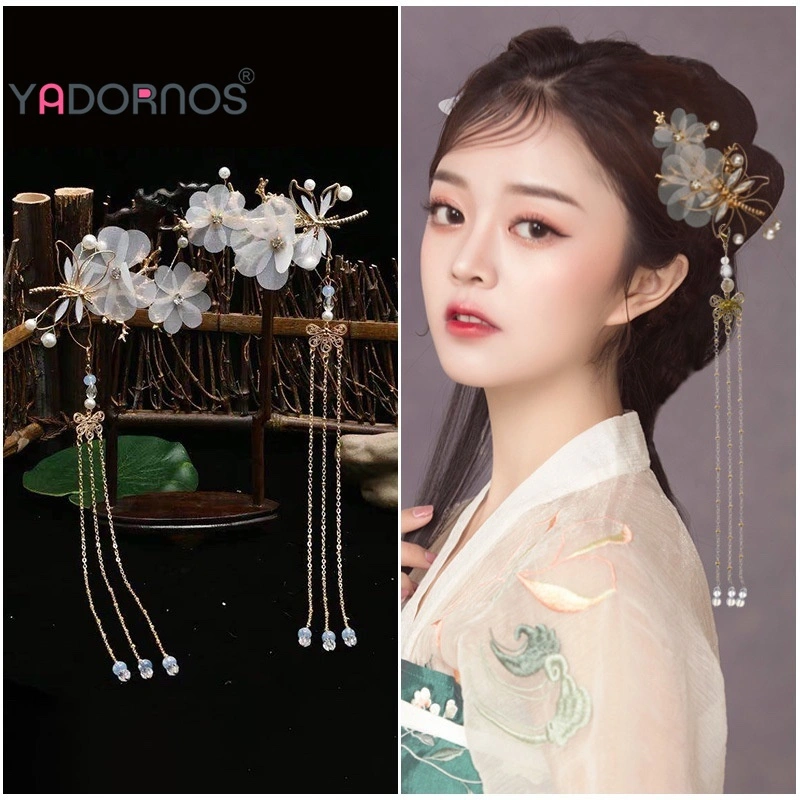 YADORNOS 2pcs Hiasan Kepala Kostum Kuno Jepit Rambut Kupu-kupu Capung Retro Aksesori Pakaian Rambut Bunga Rumbai Diamante Mutiara Imitasi