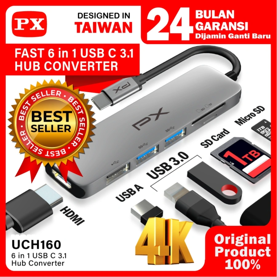 Type C 3.1 to HDMI Hub Converter USB Micro SD Card 6 in 1 PX UCH160