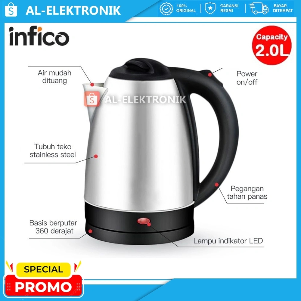 INFICO Teko Kettle Electrik Pemanas Air Otomatis Kapasitas 2 Liter Tutup Stainless Super Cepat Hemat Listrik 400 Watt LOW WATT