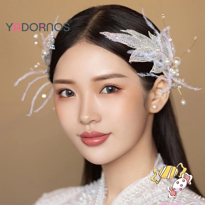 YADORNOS 1 Buah-Jepit Rambut Daun Bulu-Kain Jahitan Tangan-Jepit Samping Fashion Wanita-Aksesori Pernikahan