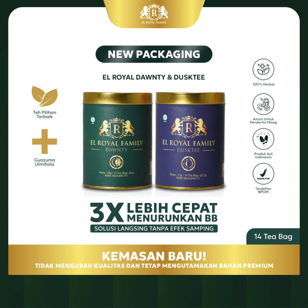 El Royal Premium Herbal Tea (1 Paket) | 1 Morning Slimming Tea - 1 Night Slimming Tea - 3 X Lebih Cepat Menurunkan BB - Solusi Langsing Tanpa Efek Samping