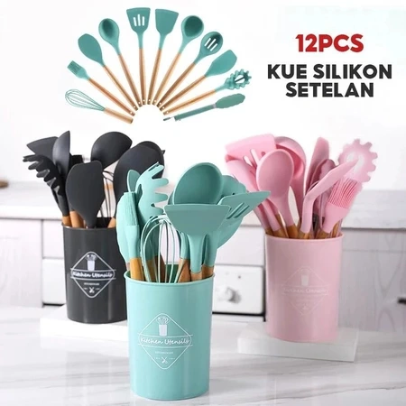 12 Pcs Set Sillicone Spatula Utensil Set Dapur Peralatan Kayu Sendok Pegangan Kayu Spatula Utensil Set Peralatan Masak