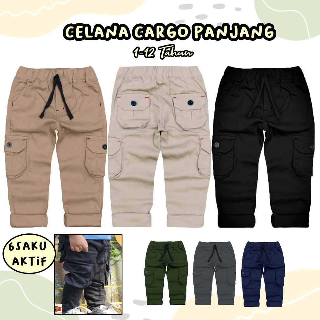 Celana Panjang Cargo Anak Laki Laki Premium Bahan Katun Twill Banyak Pilihan Warna Untuk Anak Usia 1 2 3 4 5 6 7 8 9 10 11 12 Tahun