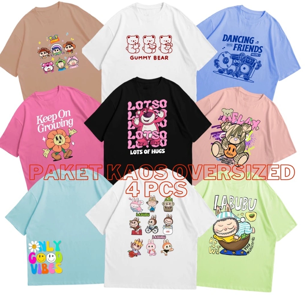 MORA PAKET 4 PCS Kaos Distro Wanita Dewasa Oversized Premium Cotton 24S’
