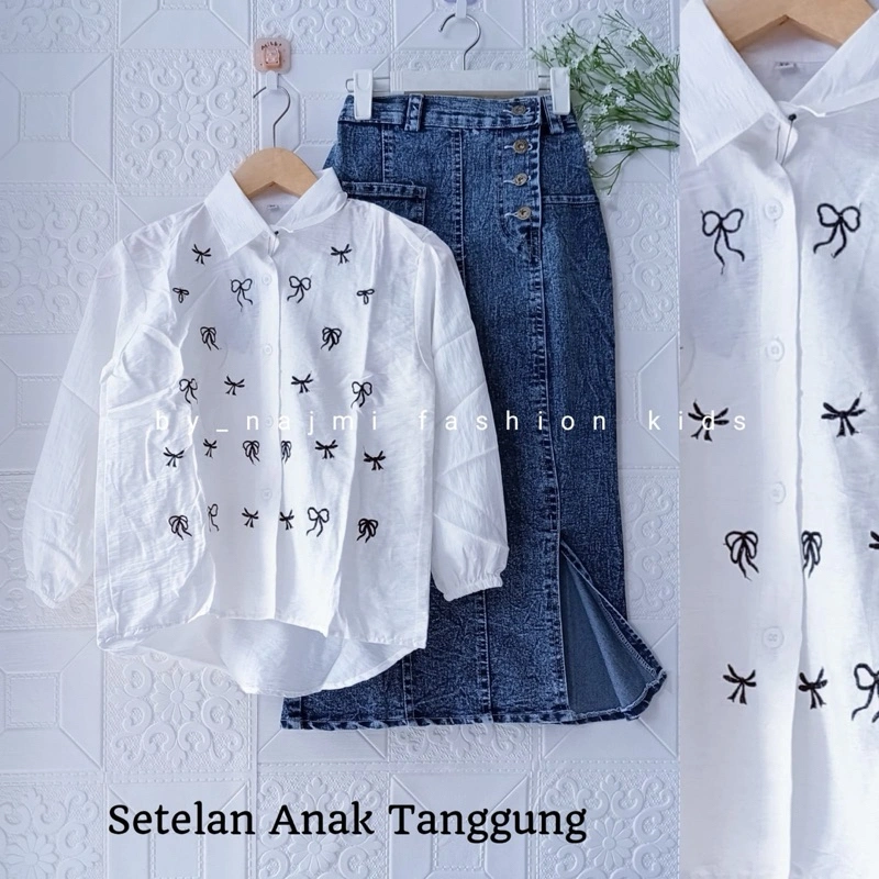 Setelan Anak Perempuan Tanggung Blouse Pita Dan Rok kc Belah 8-11 Tahun