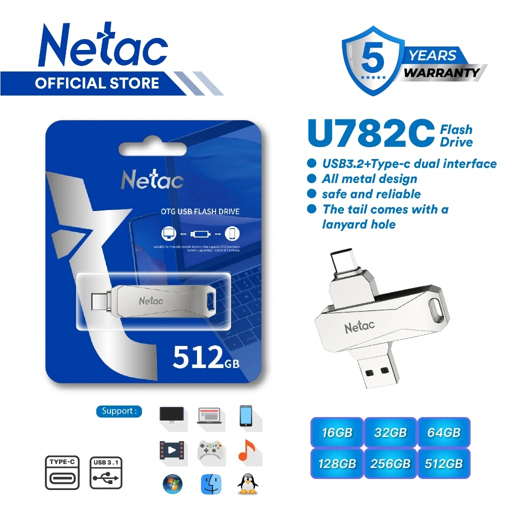 Netac OTG Flashdisk U782C/U785C/US18/US11 USB 3.2 + Type-C Dual Flash Drive 16GB/32GB/64GB/128GB/256GB Flash Disk up to 110MB/s