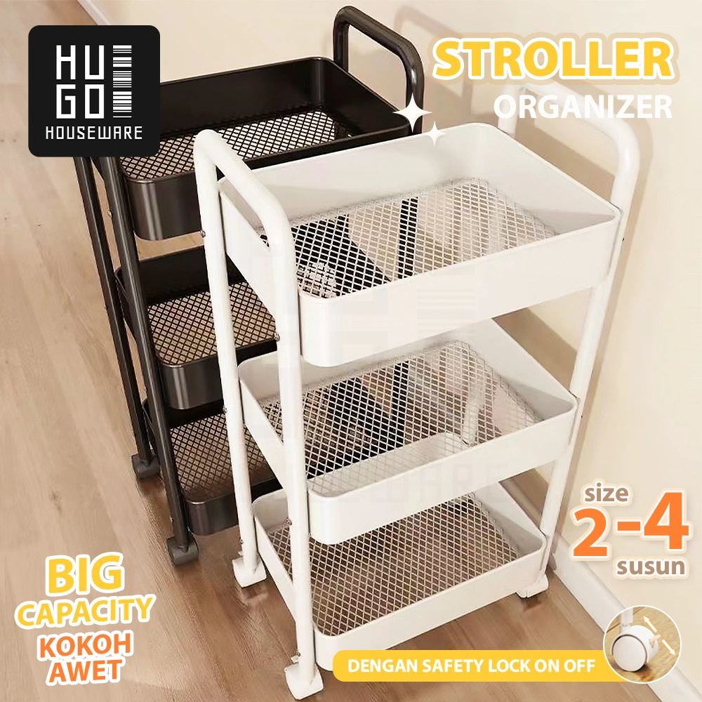HUGO Rak Troli Susun Besi Rak Besi Penyimpanan Bertingkat Rak Dapur Dorong Besi Stainless Steel Rak Kamar Mandi dengan Roda