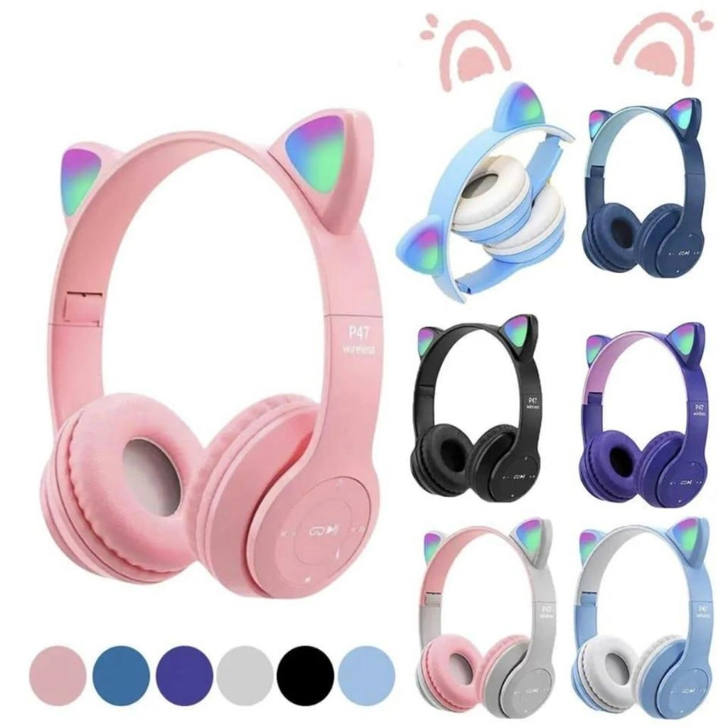 P47M Wireless Headphone Cute Cat Ear Bluetooth Headset LED Children Stereo Folding Sports Microphone