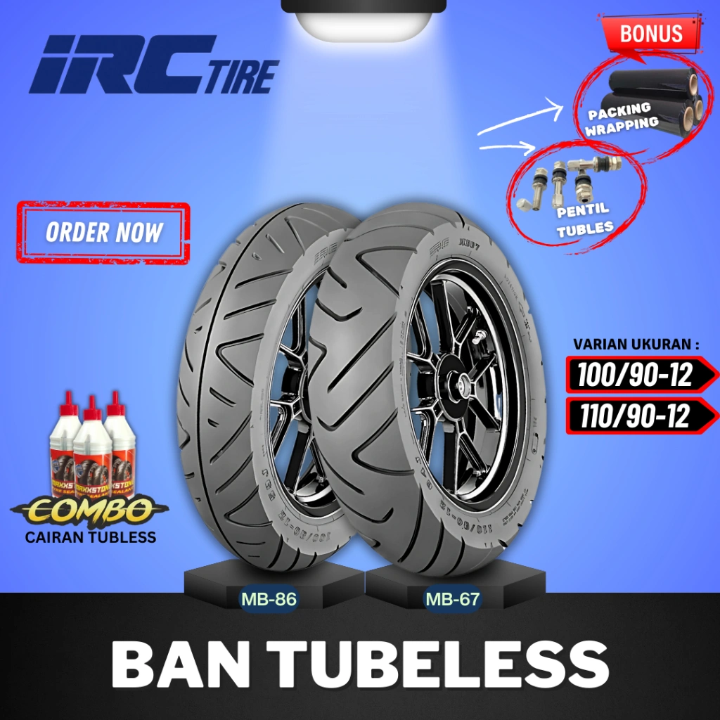 [PAKET SEPASANG MURAH] BAN IRC MB86 MB67 ( 100/90-12 / 110/90-12 ) RING 12 / BAN TUBELESS IRC RING 12 BAN MOTOR SCOPPY / BAN TUBLES RING 12 ASPIRA SPR40TL / FDR CITY GO / ECOTRAX NR96 / ZENEOS IONITY / TOMIMOTO TM500