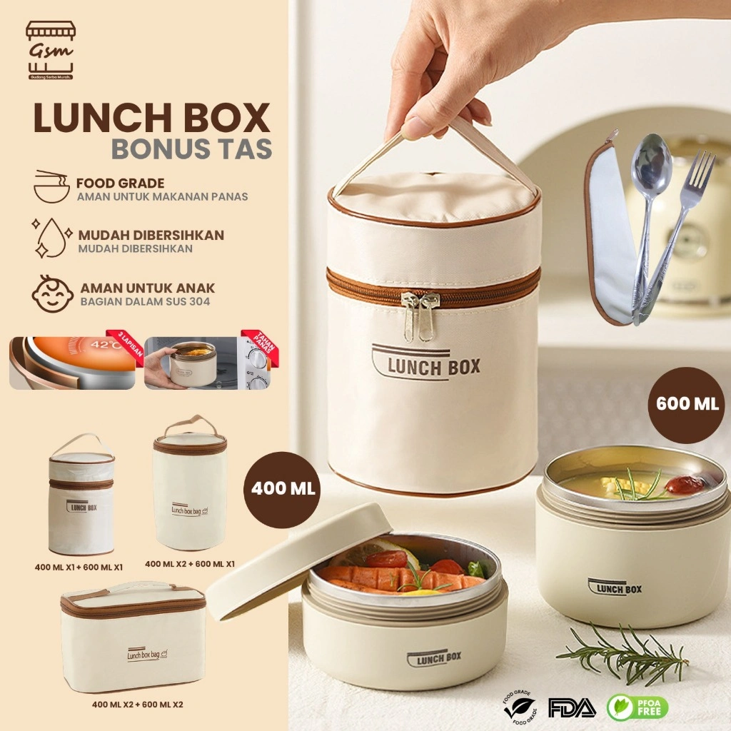 GSM Kotak Makan 1 set 304 Lunch box Bento Portabel Tahan Bocor Gaya Jepang Round Stainless Lunch Box Cream Rice Container