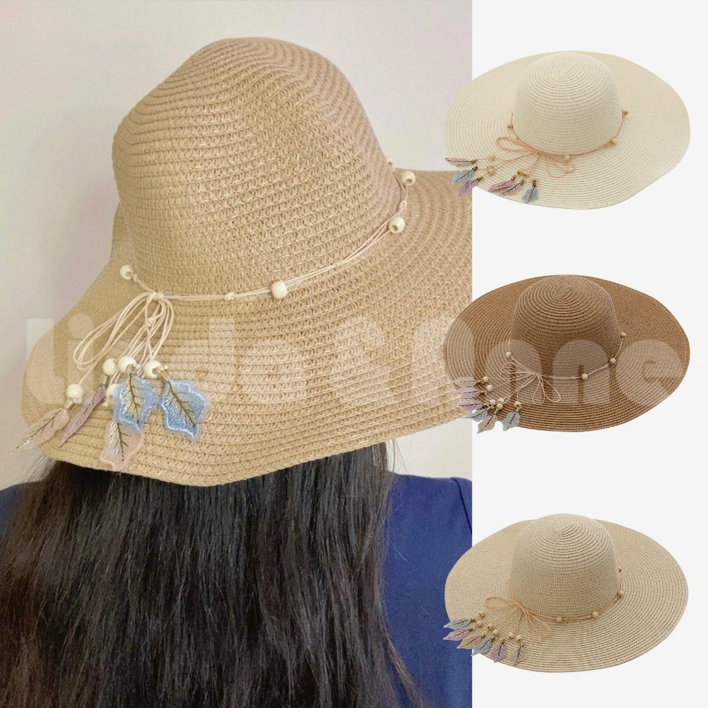 L&A - Topi Pantai Rajut Jerami Lebar Summer Hat Bohemian Topi Pelindung Sinar Uv