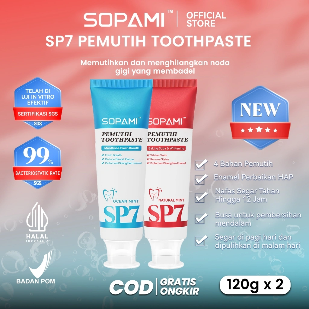 [BPOM] SOPAMI SP7 Pro Paket Combo Siang & Malam Pasta Gigi Pemutih dan Perawatan Gigi Rasa Mint 240g