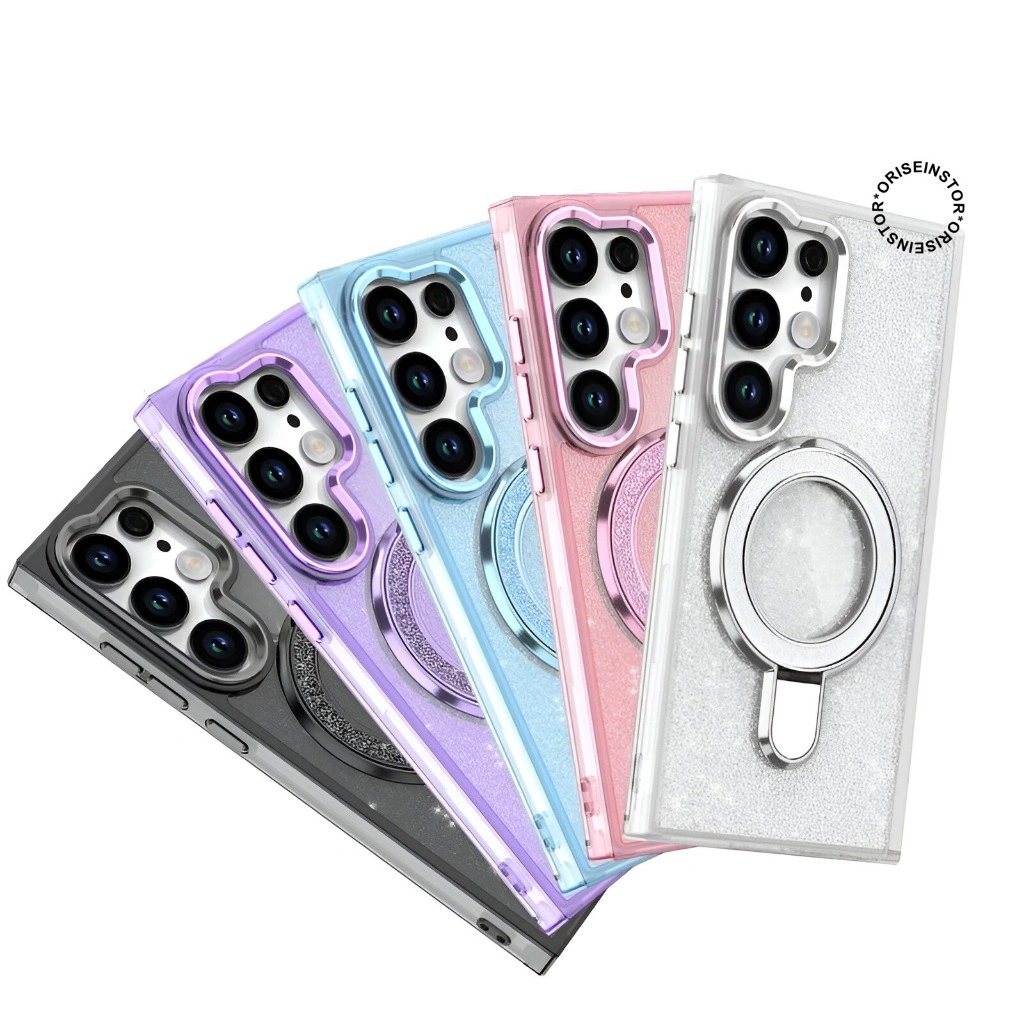 New! Glitter Military Magsafe Case - Metal Plate Phone Case With Bracket Standable Magsafe - Hardcase/ Casing Hp Compatible For Samsung A17 A34 A35 A36 A37 A54 A55 A56 A57 S23 S24 S26 FE Plus S25 Ultra Glitter Full Cover Casing Pelindung Handphone SAM17