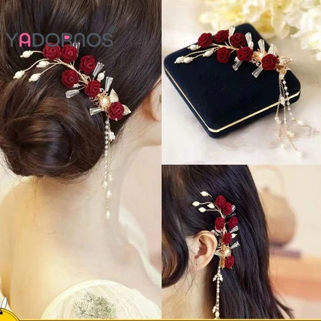 YADORNOS Jepit Rambut Bunga Wanita-Jepit Rambut Rumbai Mutiara Merah Retro-Aksesori Bunga Beludru-Aksesori Rambut