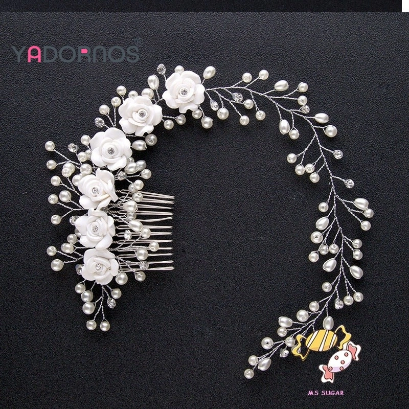 YARDORNOS Sisir Rambut Bunga Mutiara Putih-Ikat Rambut Berlian Imitasi Bunga Tanah Liat Polimer-Aksesoris Modis dan Elegan untuk Wanita-Murni Buatan Tangan-Bahan Berkualitas Tinggi Tidak Mudah Pudar