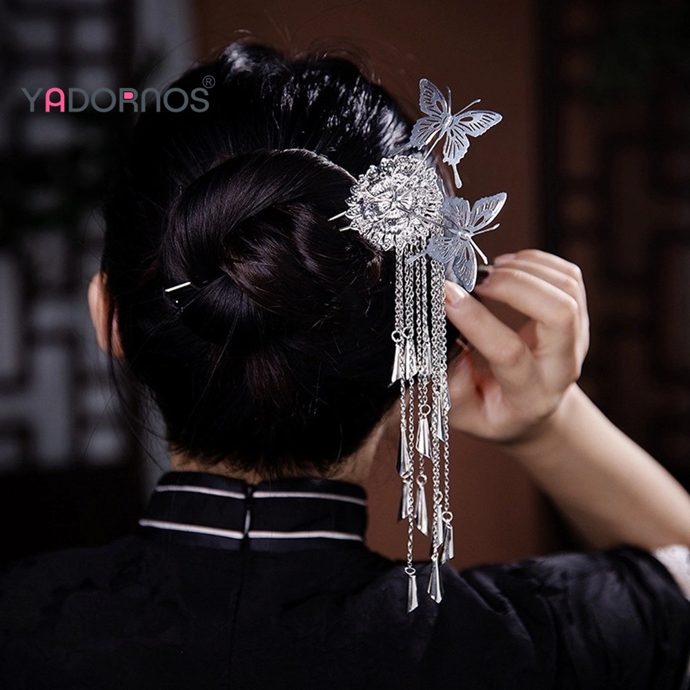 YADORNOS Jepit Rambut Kupu-kupu Berongga Perak Wanita - Aksesori Rambut Kupu-kupu Cerdas Tiga Dimensi - Jepit Rambut Rumbai Liontin Panjang - Murni Buatan Tangan - Logam Berkualitas Tinggi Tidak Mudah Berubah Warna