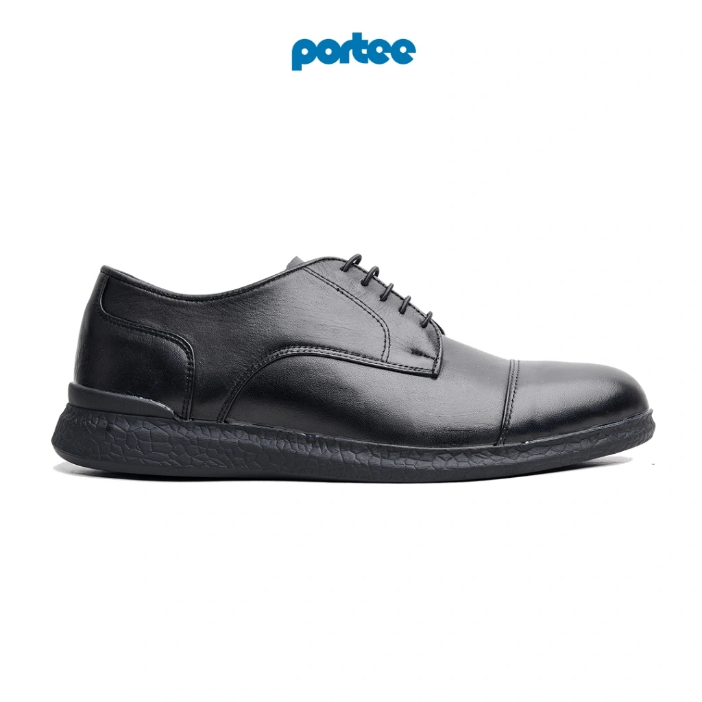 Sepatu Kulit Pria Portee Derby Cap Toe – Kulit Asli Nyaman | Kerja Wisuda Kondangan | Casual Hitam