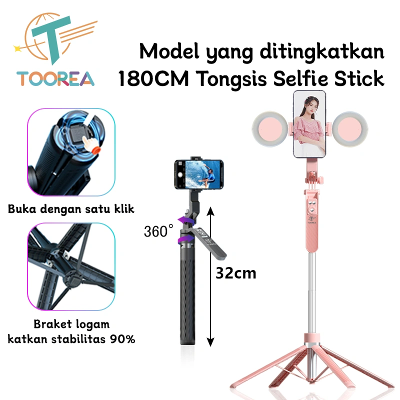 TOOREA Tongsis Tripod Bluetooth 180CM Paduan Aluminium Selfie Stick 4-leg Stand Remote Tripod HP Kamera DSLR Tongsis Dengan Control Bluetooth 7 Tombol Tongkat Selfie Portable Adaptor
