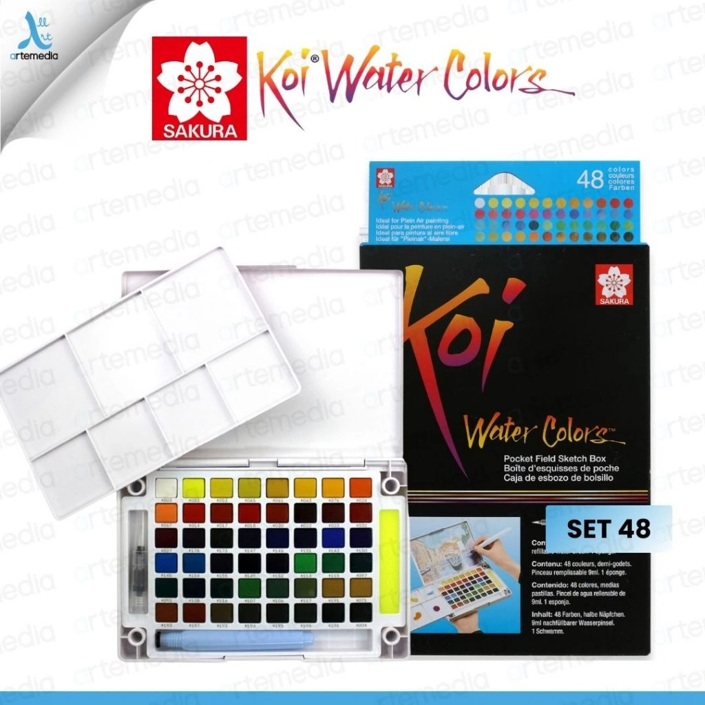 Sakura Koi Watercolor Travel Set 48 | Pocket Field Sketch Box, Cat Air Pan Portable dengan Palet & Brush | Made in Japan
