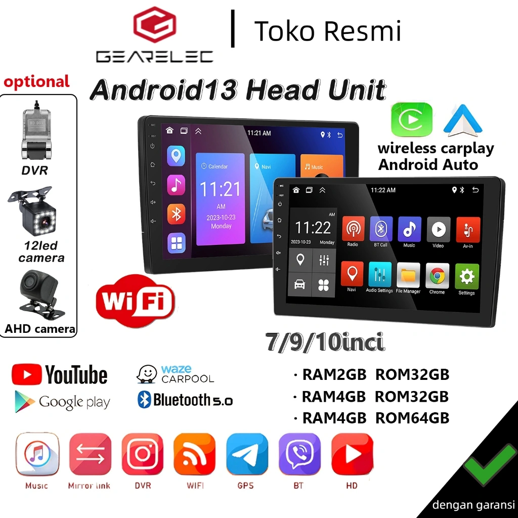 GEARELEC Double Din Headunit Android14 6+64G Carplay 7/9/10 inci Dukungan WiFi/GPS/youtube