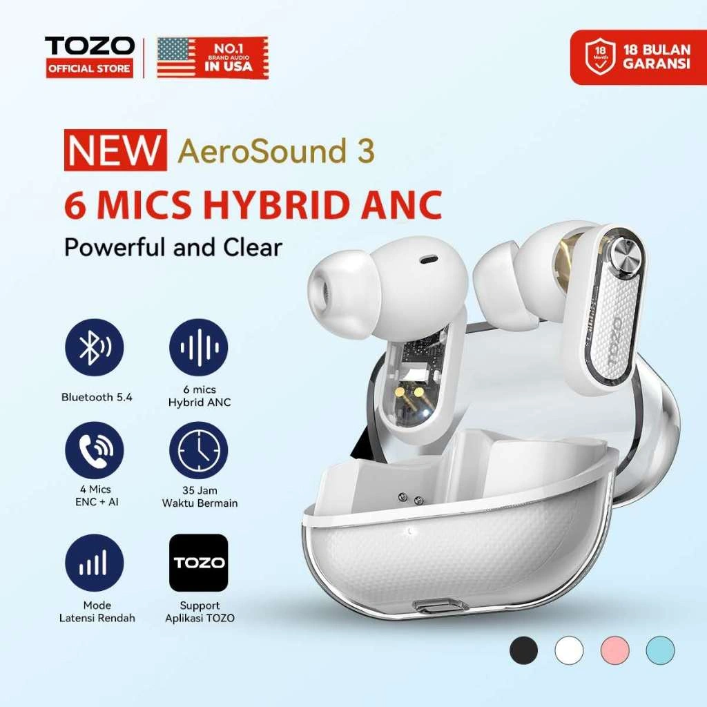 Tozo Aerosound3 Macaron Smart 6 Mics Hybrid ANC And 4 Mics ENC + AI Clear Calls BASS+ Bluetooth 5.4 Low Latency Mode Tws Earphone Bluetooth Headset Bluetooth EQ Preset customizable