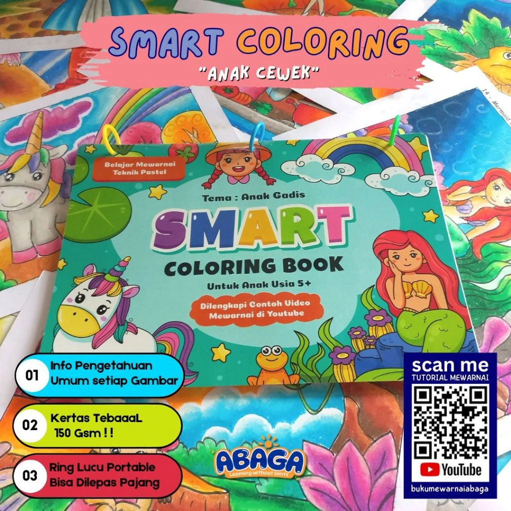 Smart Coloring Book ABAGA/ Belajar Mewarnai Gradasi/ Buku Mewarnai Anak Perempuan TK SD