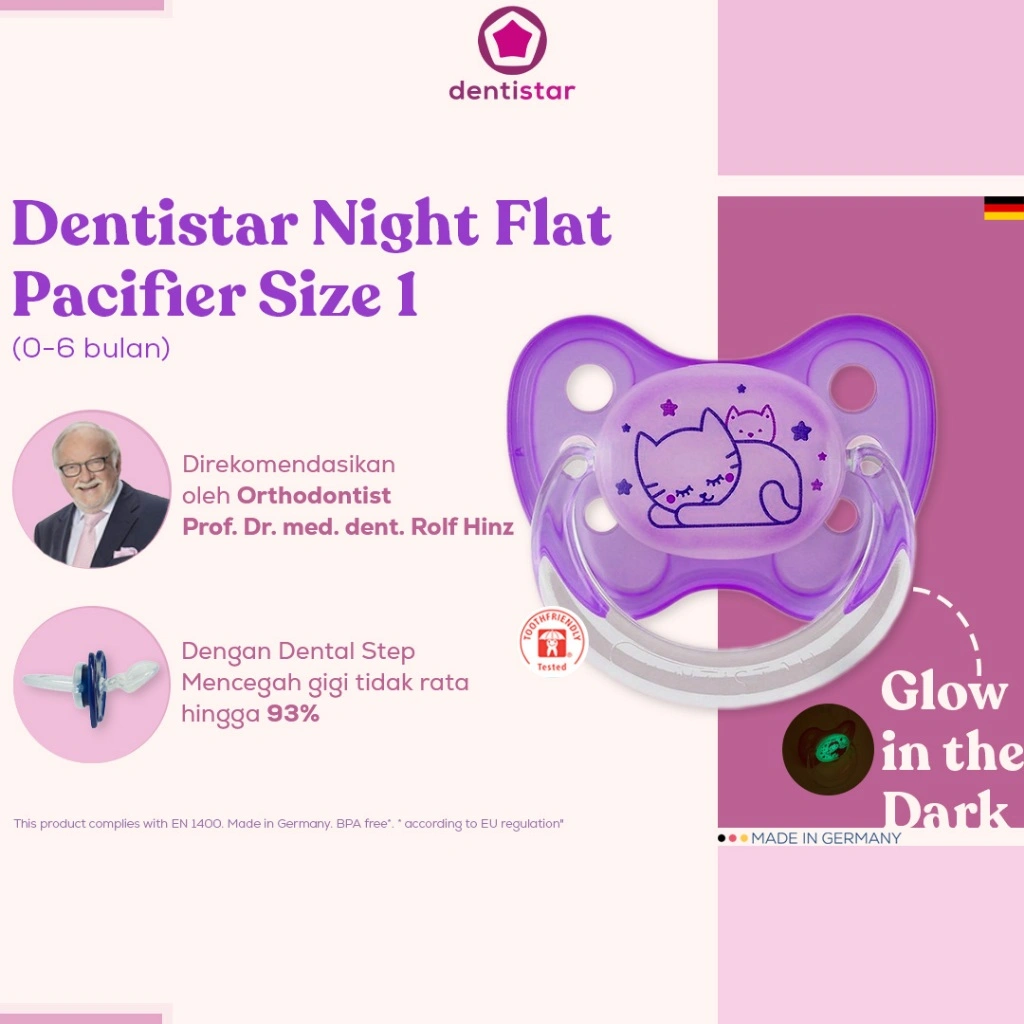 Dentistar Flat Shield Pacifier 0+ (Size 1) - Night (0-6 Bulan) / dot bayi / Empeng Bayi