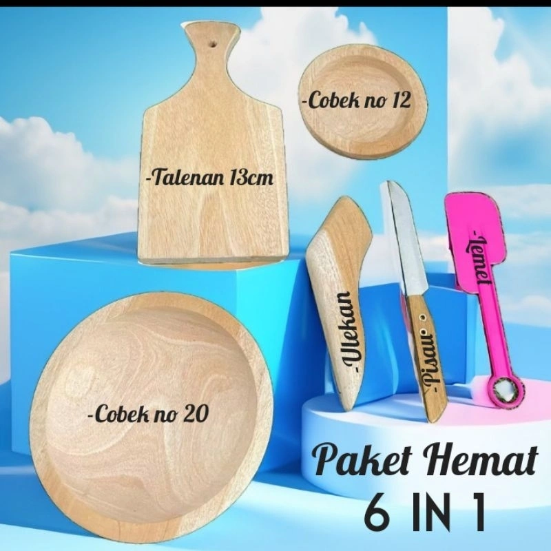 Paket Hemat Set Cobek Kayu 6 in 1 Kichenware Alat Dapur Talenan dan pisau dapur