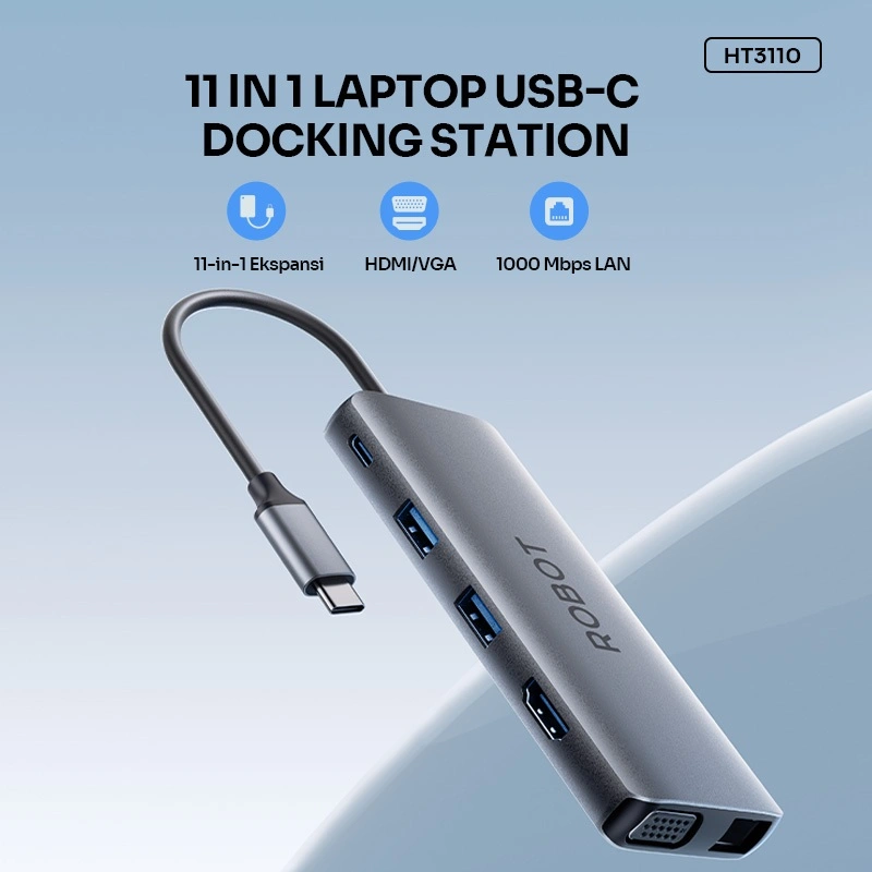 ROBOT Converter USB HUB Type-C 11 in 1 Kecepatan Tinggi Docking Station dengan HDMI VGA 4K 1000 Mbps LAN 100W USB C Ke Proyektor Koneksi Display Macbook to TV Bahan Aluminium Alloy Tahan Panas Original - HT3110