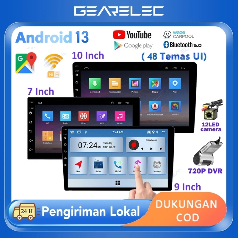 GEARELEC Car Radio 7/9/10 Inci Mobil Navigasi 4G+64G Android13 Head Unit with 48 tema IPS Lapisan Layar Sentuh