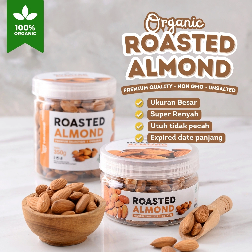 Kacang Almond Panggang Kupas Premium Organik Roasted Almond Original Natural