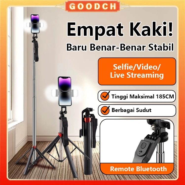 GOODCH Tripod Tongsis P185 Bluetooth Selfie Stick Quadpod 360 Adjustable Tinggi 185CM Remote Control Portabel Ringkas Anti Guncang Tangan Desain Ergonomis Mudah Digunakan Untuk Foto Video Live Streaming