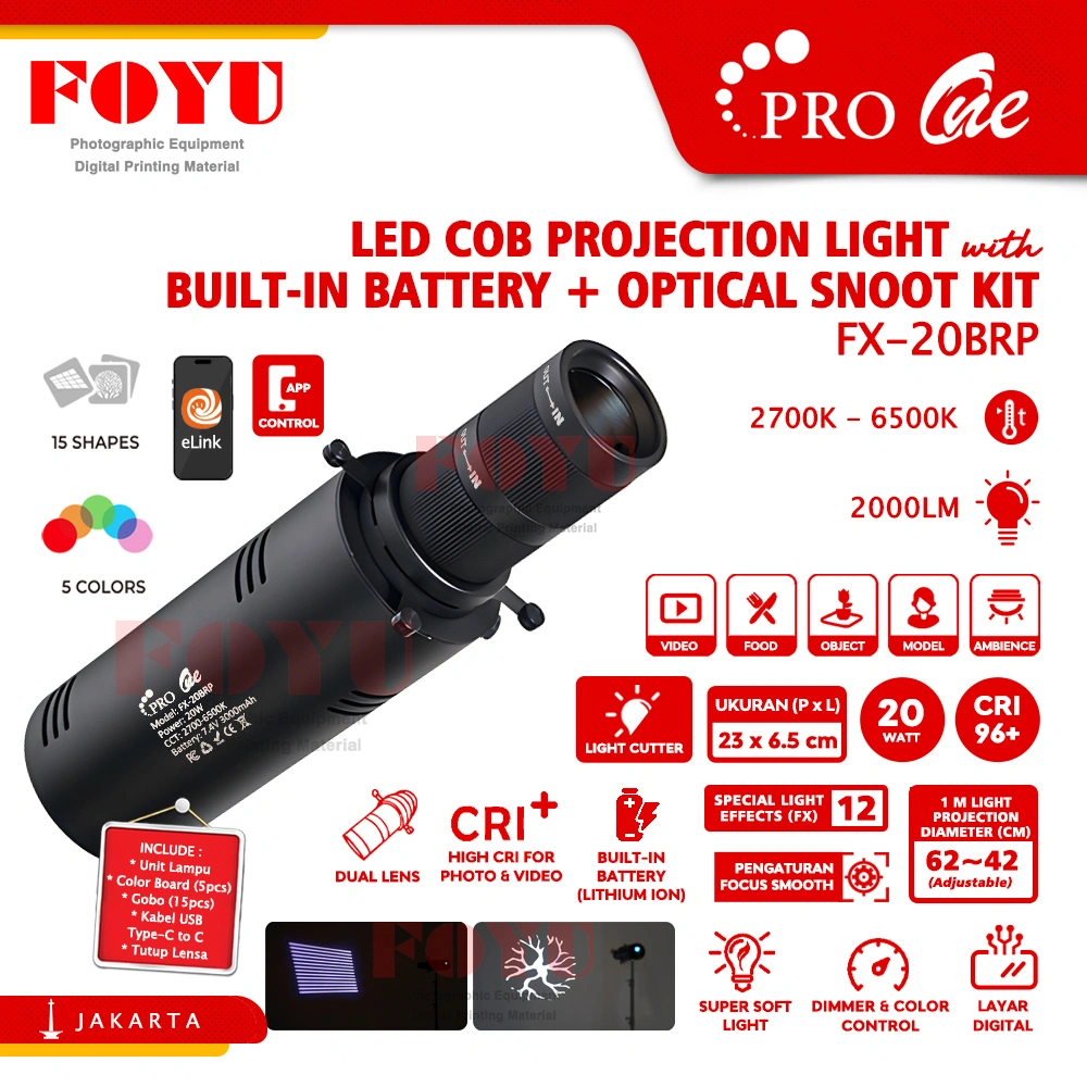 LED COB Pro One FX-20BRP Projection Light Battery Baterai Optical Snoot Projector Kit Ambience Lampu Sorot 20W 20 Watt Foto Video Film Self Studio Siaran Streaming Podcast Lighting Continuous Cutter Pemotong Cahaya Proyektor Bentuk Gobos Gobo Set Colour
