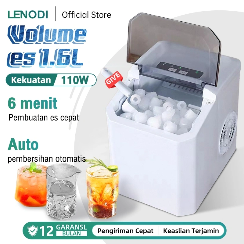 LENODI Mesin Pembuat Es 110w/1.6L, Kapasitas Penyimpanan Es Besar, Pembersihan Otomatis, Pembuat Es Otomatis Penuh Untuk Rumah Tangga Kecil, Toko Teh Susu, Es Cepat Sepanjang Hari 15kg