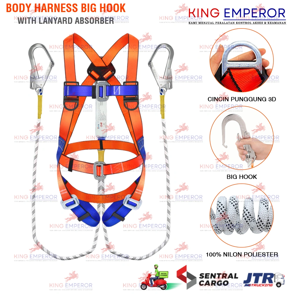 Safety Full Body Harness Big Hook Lanyard Absorber With Climbing Belt / Sabuk Perlindungan Keamanan Panjat Tebing Dengan Pengait Besar