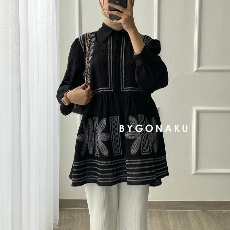 [GONAKU] Irish Top Shirt Embriodery | Atasan Bordir Blouse Kemeja Kerja Wanita Korean Style | Busui Friendly